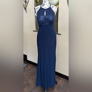 X ByXScape navy blue with sequins halter top gown openback high slit on side sz4